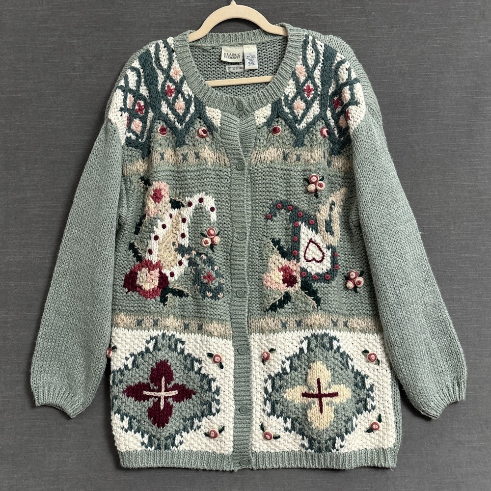 Vintage‎ Classic Elements Cardigan Sweater L Green Pink 3D Handknit Grandma
